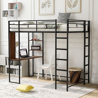 Merax Metal Loft Bed With 2 Shelves And One Desk