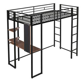 Merax Metal Loft Bed With 2 Shelves And One Desk