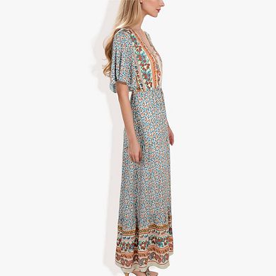 Women's Bohemian V-Neck Maxi Dress Floral Print Short Sleeves