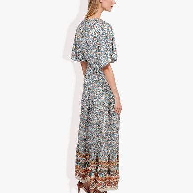 Women's Bohemian V-Neck Maxi Dress Floral Print Short Sleeves