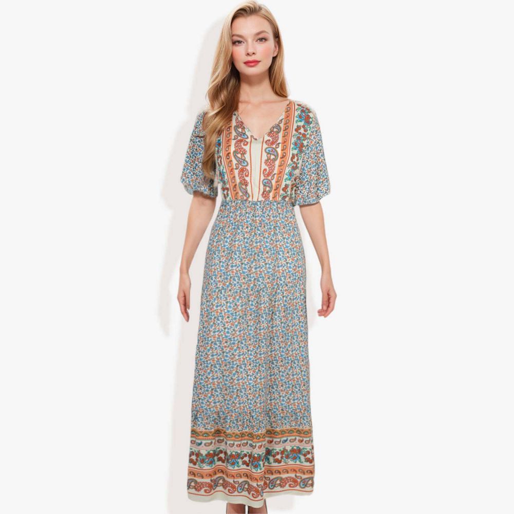 Women's Bohemian V-Neck Maxi Dress Floral Print Short Sleeves