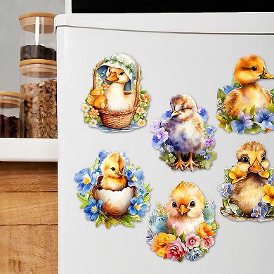 Spring Ducklings Decorative Wooden Magnets Set of 6 by G. Debrekht