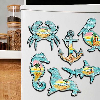 Coastal Creatures Decorative Wooden Magnets Set of 6 by G. Debrekht