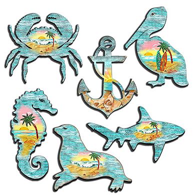 Coastal Creatures Decorative Wooden Magnets Set of 6 by G. Debrekht