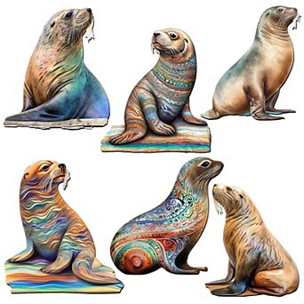 Coastal Sea Lions Decorative Wooden Magnets Set of 6 by G. Debrekht