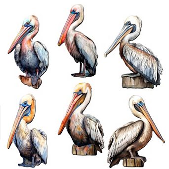Pelicans Decorative Wooden Magnets Set of 6 by G. Debrekht