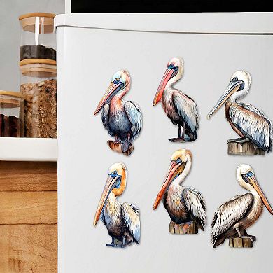 Pelicans Decorative Wooden Magnets Set of 6 by G. Debrekht