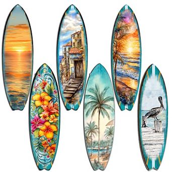 Tropical Surfboards Decorative Wooden Magnets Set of 6 by G. Debrekht