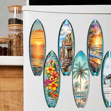 Tropical Surfboards Decorative Wooden Magnets Set of 6 by G. Debrekht