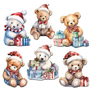Christmas Teddy Bear Decorative Wooden Magnets Set of 6 by G. Debrekht