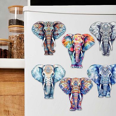 Elephants Decorative Wooden Magnets Set of 6 by G. Debrekht