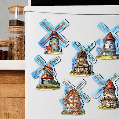 Windmills Decorative Wooden Magnets Set of 6 by G. Debrekht