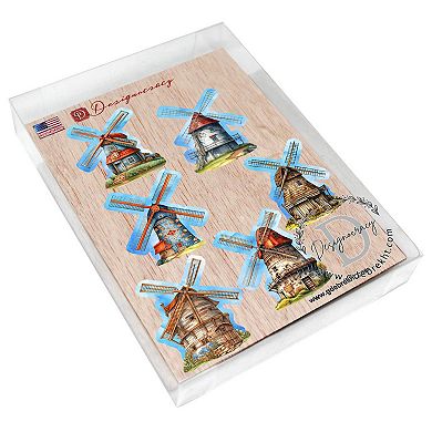 Windmills Decorative Wooden Magnets Set of 6 by G. Debrekht