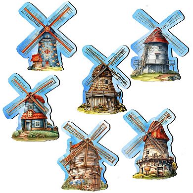 Windmills Decorative Wooden Magnets Set of 6 by G. Debrekht
