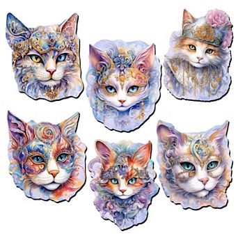 Cats Masks Decorative Wooden Magnets Set of 6 by G. Debrekht