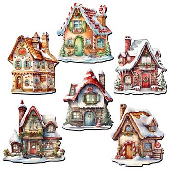 Christmas Houses Decorative Wooden Magnets Set of 6 by G. Debrekht