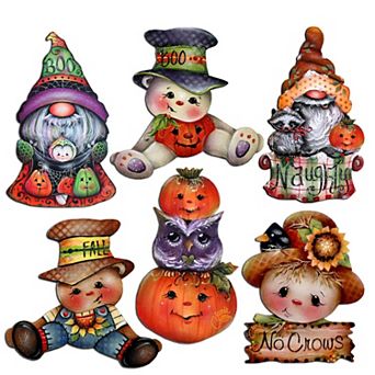 Hello Fall-Pumpkin, Scarecrow, Gnome Decorative Wooden Magnets Set of 6 by J. Mills-Price