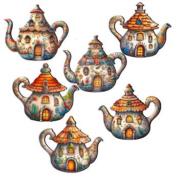 Teapots Decorative Wooden Magnets Set of 6 by G. Debrekht
