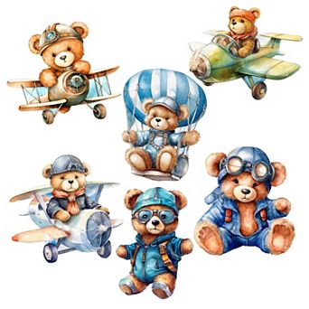 Aviator Teddy Bear Decorative Wooden Magnets Set of 6 by G. Debrekht