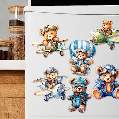 Aviator Teddy Bear Decorative Wooden Magnets Set of 6 by G. Debrekht