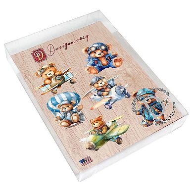 Aviator Teddy Bear Decorative Wooden Magnets Set of 6 by G. Debrekht