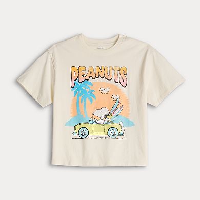 Juniors' Peanuts Snoppy And Woodstock Going Surfing Skimmer Graphic Tee