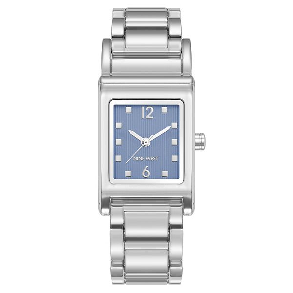Nine West Women's Silver Tone Band Square Case Watch with Blue Dial - Blue