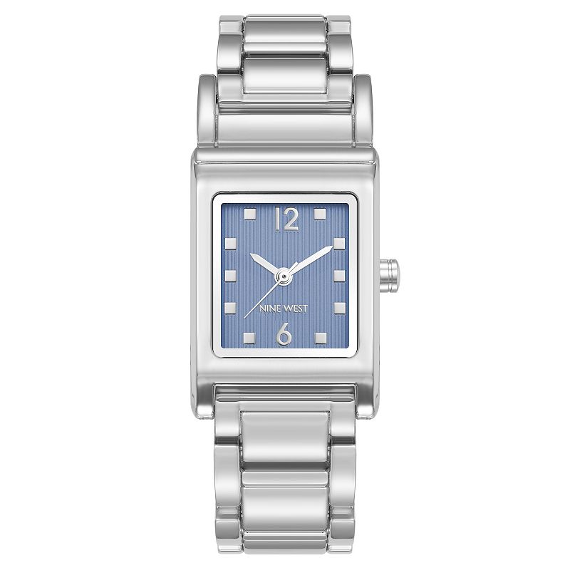 Nine West Women's Silver Tone Band Square Case Watch with Blue Dial