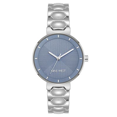 Nine West Women's Silver Tone Band Watch with Round Blue Dial