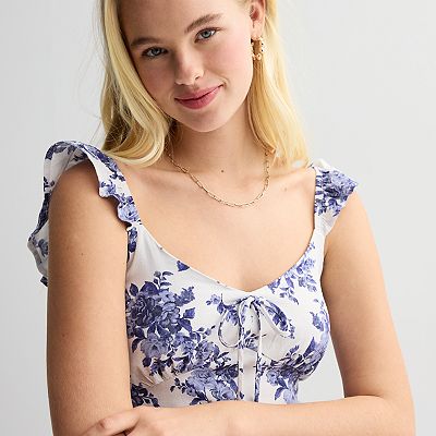 Juniors' Live To Be Spoiled Flutter Sleeve Tie-Front Skater Mini Dress