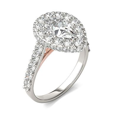 Charles & Colvard 14k Two Tone Gold 3 ⅙ Carat T.W. Lab-Created Moissanite Pear Cathedral Halo Ring