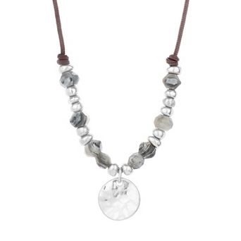 Bella Uno Silver Plated Gray Agate Disc Cord Necklace