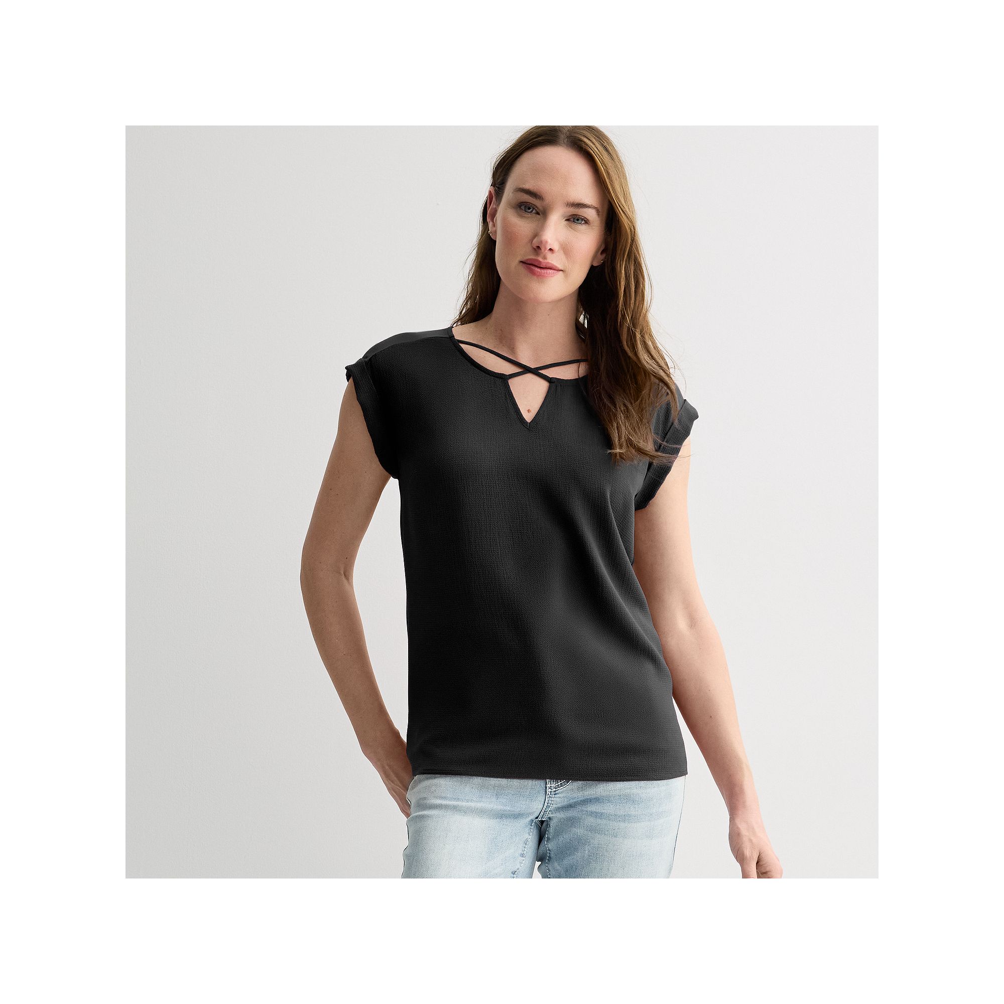 Womens Apt. 9® Lattice Neck Top, Size: XS, Black