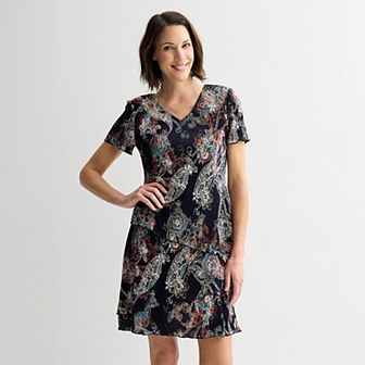 Women's Studio Connection Pleated Bodre Short Sleeve Tiered Dress