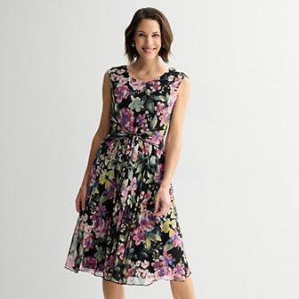 Women's Studio Connection Cap Sleeve Printed Mesh Tie Front Dress