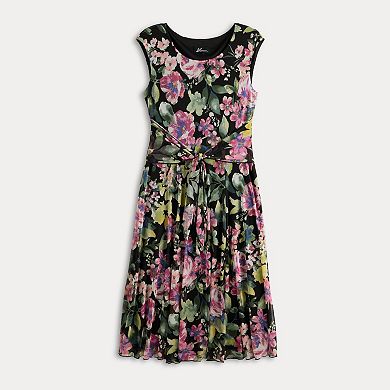 Women's Studio Connection Cap Sleeve Printed Mesh Tie Front Dress