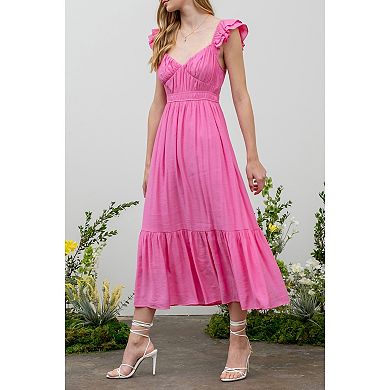 August Sky Women's Ruched Layered Ruffle Sleeve Midi Dress