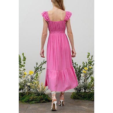 August Sky Women's Ruched Layered Ruffle Sleeve Midi Dress
