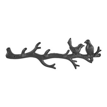 Black Cast Iron Birds On Tree Branch Decorative Wall Sculpture Utility Hook Unit With 4 Hooks