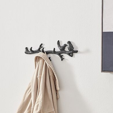 Black Cast Iron Birds On Tree Branch Decorative Wall Sculpture Utility Hook Unit With 4 Hooks