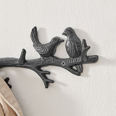 Black Cast Iron Birds On Tree Branch Decorative Wall Sculpture Utility Hook Unit With 4 Hooks