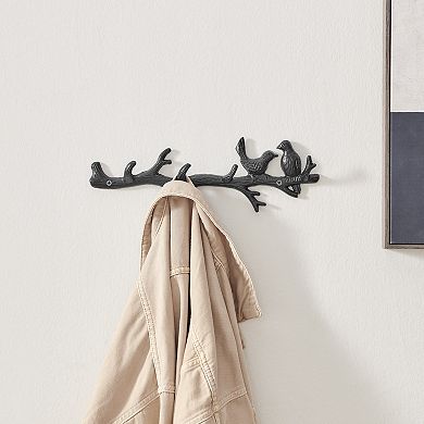Black Cast Iron Birds On Tree Branch Decorative Wall Sculpture Utility Hook Unit With 4 Hooks