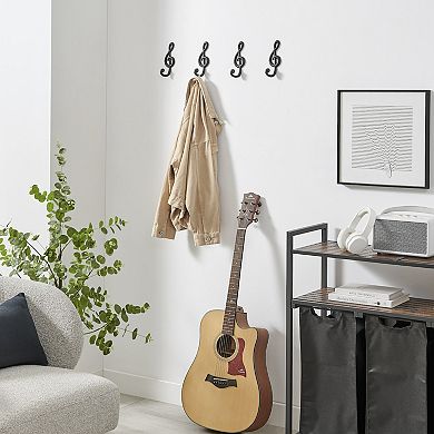 4 Piece Black Cast Iron Musical Note Treble Clef Decorative Wall Sculpture Figure Utility Hook Set