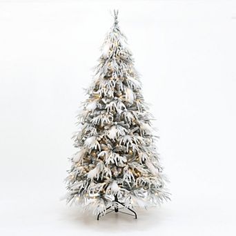 LuxenHome 7.5ft Pre-lit Flocked Slender Artificial Christmas Tree