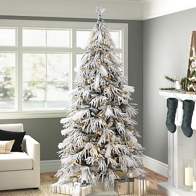 LuxenHome 7.5ft Pre-lit Flocked Slender Artificial Christmas Tree