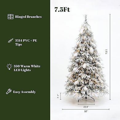 LuxenHome 7.5ft Pre-lit Flocked Slender Artificial Christmas Tree