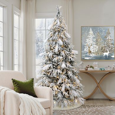 LuxenHome 7.5ft Pre-lit Flocked Slender Artificial Christmas Tree