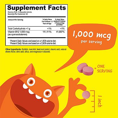 VitaWorks® Kids Vitamin B12 1,000 mcg Chewables - Energy, Mood and Metabolism - 120 Count