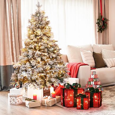 LuxenHome 5Ft Pre-Lit Artificial Flocked Full Fir Christmas Tree with Metal Stand