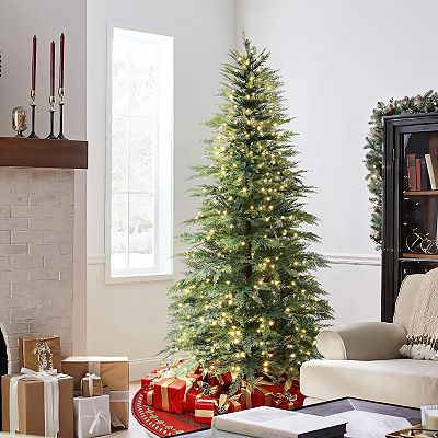 LuxenHome 7.5ft Pre-Lit Cypress Artificial Christmas Tree with